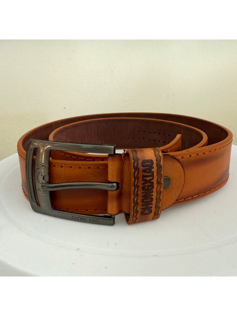 Chong Xiao Leather Belt Size 35 Cognac Brown Perforated Design Gunmetal Buckle